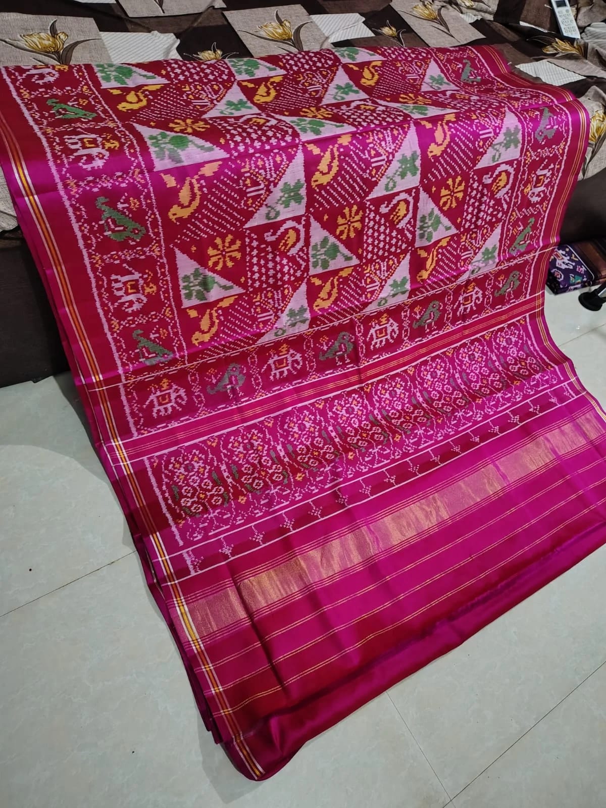 Magenta Navratna Diamond Ikat Silk Saree