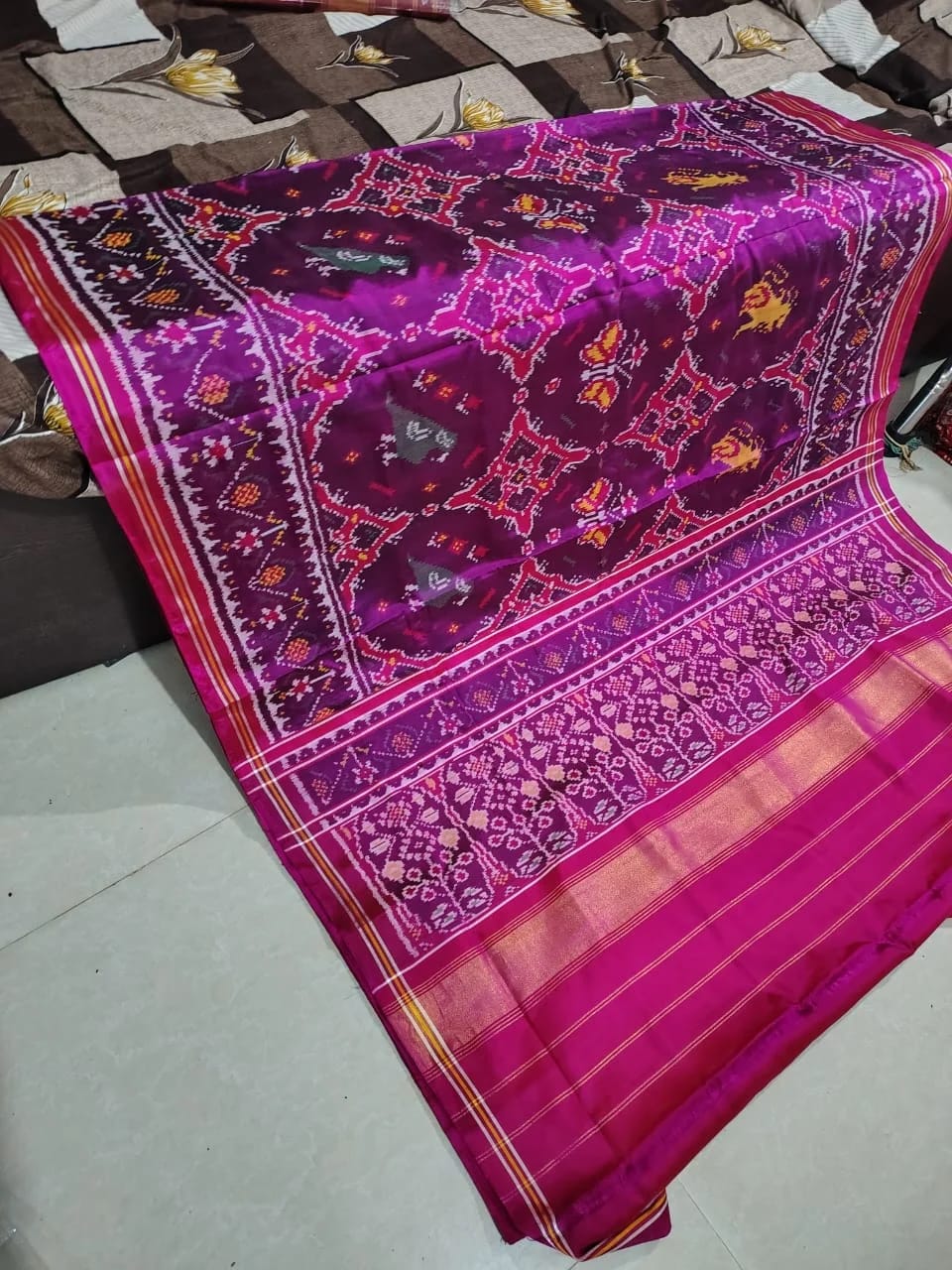 Mustard Yellow & Red Single Ikat Silk Saree
